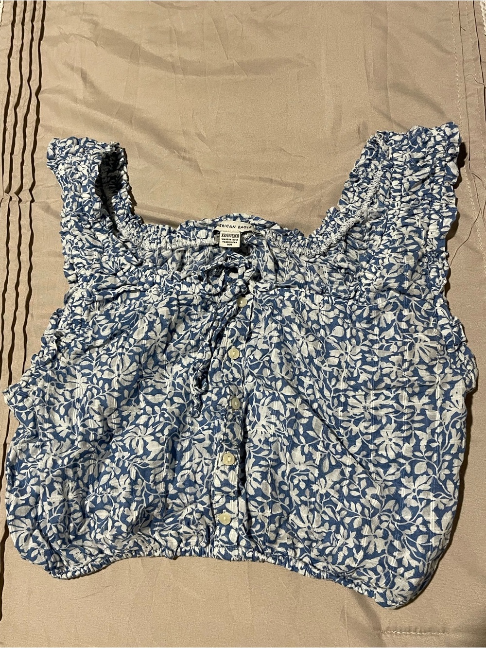 American Eagle Blue Floral Smocked Crop Top